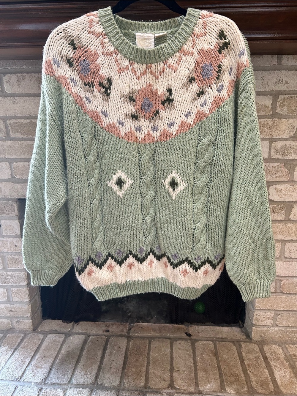Needles Sage Green Fair Isle Cable Knit Sweater with Pink & Lavender Accents EUC